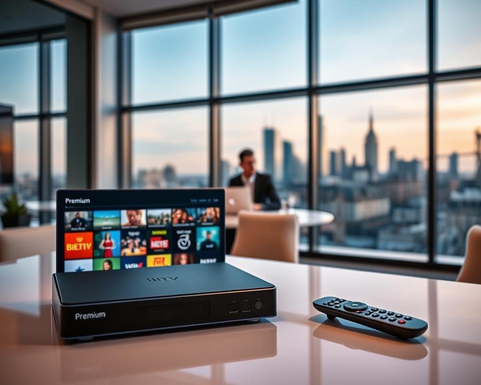 A sleek and modern office interior with a large window overlooking the iconic London skyline. In the foreground, a high-quality IPTV set-top box and a remote control sit on a clean, minimalist desk. The device's interface displays a grid of premium TV channels, showcasing the service's diverse content offerings. The middle ground features a stylish, professional-looking person sitting at the desk, engrossed in the IPTV interface, representing the user experience. The background is softly lit, creating a warm and inviting atmosphere, highlighting the premium nature of the IPTV provider.
