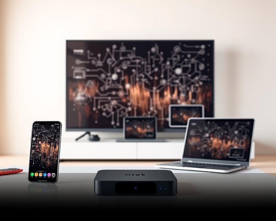 A sleek and modern setting showcasing a variety of compatible devices for IPTV services in the USA. In the foreground, a state-of-the-art smart TV, a high-end smartphone, and a modern streaming box are elegantly displayed against a minimalist white backdrop, highlighting their seamless integration. In the middle ground, a laptop and a tablet demonstrate the multi-device versatility of the IPTV platform, while in the background, a subtle mesh of technical diagrams and network infrastructure subtly conveys the robust technological capabilities powering the service. Soft, warm lighting and a clean, sophisticated aesthetic create an inviting and premium visual experience. A sleek and modern setting showcasing a variety of compatible devices for IPTV services in the USA. In the foreground, a state-of-the-art smart TV, a high-end smartphone, and a modern streaming box are elegantly displayed against a minimalist white backdrop, highlighting their seamless integration. In the middle ground, a laptop and a tablet demonstrate the multi-device versatility of the IPTV platform, while in the background, a subtle mesh of technical diagrams and network infrastructure subtly conveys the robust technological capabilities powering the service. Soft, warm lighting and a clean, sophisticated aesthetic create an inviting and premium visual experience.