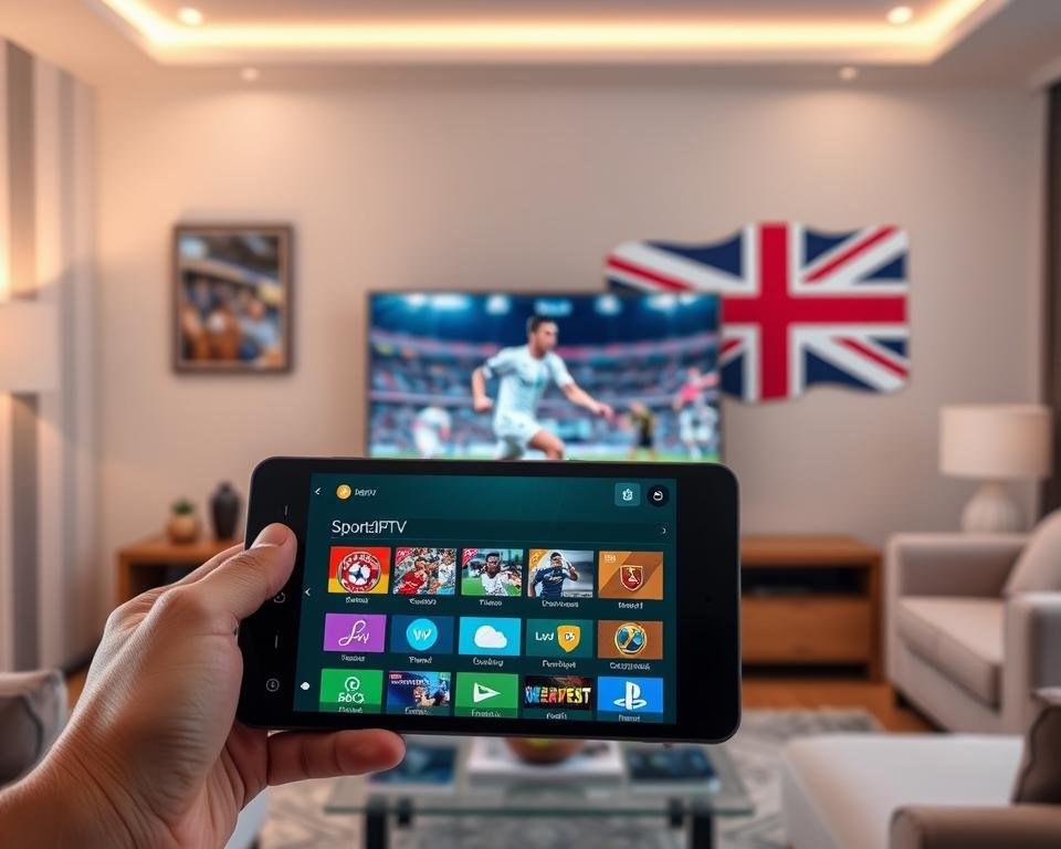 A sleek and modern sports-themed IPTV interface, showcasing a wide variety of live sports channels and on-demand content. In the foreground, a hand-held smart device displays the intuitive SportzIPTV app, with various sports icons and a clean, minimalist design. The middle ground features a living room setting, with a large flat-screen TV displaying a Premier League soccer match in high definition. The background subtly incorporates the Union Jack flag, alluding to the UK-centric nature of the service. Soft, warm lighting creates a cozy, inviting atmosphere, while the overall composition conveys the convenience and comprehensive sports streaming experience of SportzIPTV.
