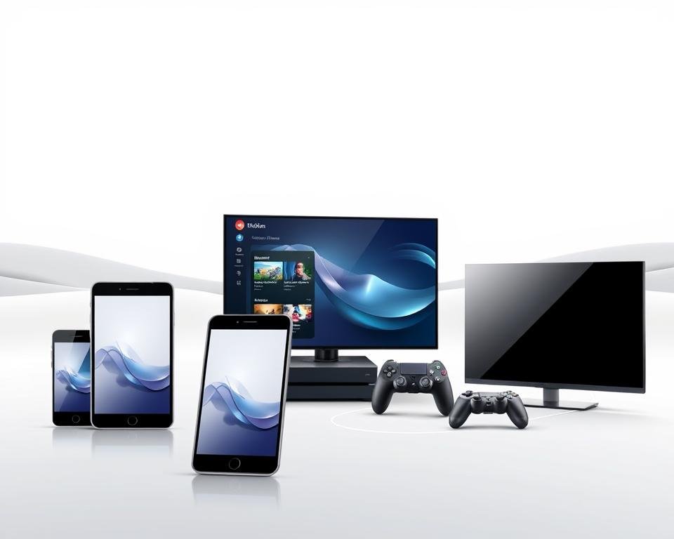A sleek and modern technology-inspired illustration depicting various digital devices seamlessly interconnected, symbolizing the concept of "Device Compatibility". In the foreground, a smartphone, tablet, and smart TV are prominently displayed, showcasing their compatibility and ability to synchronize content. The middle ground features a laptop and gaming console, further emphasizing the cross-platform integration. The background is a minimalist, gradient-based landscape with subtle visual cues hinting at the advanced networking and connectivity that enables this harmonious device ecosystem. The lighting is soft and diffused, creating a clean, contemporary aesthetic. The camera angle is slightly elevated, giving a sense of order and cohesiveness to the overall composition. A sleek and modern technology-inspired illustration depicting various digital devices seamlessly interconnected, symbolizing the concept of "Device Compatibility". In the foreground, a smartphone, tablet, and smart TV are prominently displayed, showcasing their compatibility and ability to synchronize content. The middle ground features a laptop and gaming console, further emphasizing the cross-platform integration. The background is a minimalist, gradient-based landscape with subtle visual cues hinting at the advanced networking and connectivity that enables this harmonious device ecosystem. The lighting is soft and diffused, creating a clean, contemporary aesthetic. The camera angle is slightly elevated, giving a sense of order and cohesiveness to the overall composition.