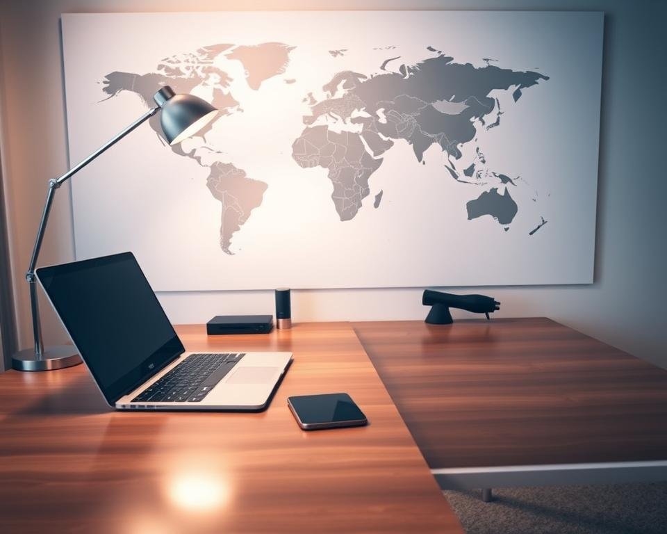 A sleek, contemporary home office setup with a laptop, tablet, and smartphone prominently displayed. The desk is made of polished wood, with a minimalist lamp and a few organizational items. The background features a large, stylized world map, hinting at the global nature of IPTV services. Soft, directional lighting creates a warm, professional atmosphere, while the overall composition suggests a step-by-step process for IPTV activation in the USA. A sleek, contemporary home office setup with a laptop, tablet, and smartphone prominently displayed. The desk is made of polished wood, with a minimalist lamp and a few organizational items. The background features a large, stylized world map, hinting at the global nature of IPTV services. Soft, directional lighting creates a warm, professional atmosphere, while the overall composition suggests a step-by-step process for IPTV activation in the USA.