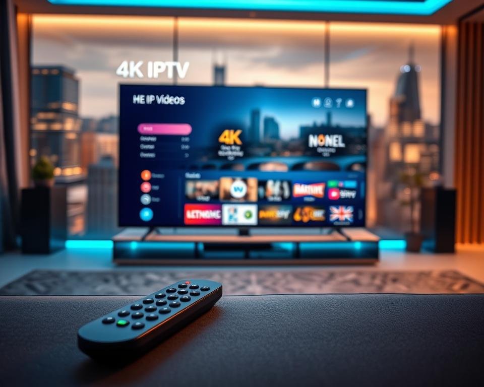 A sleek, high-tech 4K media center display showcasing the UI of a premium USA IPTV service. In the foreground, a minimalist remote control and a modern smart TV set. The middle ground features the IPTV service's intuitive interface, highlighting 4K video quality, an extensive channel lineup, and seamless streaming capabilities. The background has a blurred city skyline, conveying the service's urban sophistication and global connectivity. The lighting is warm and inviting, with subtle blue accents evoking a premium, futuristic aesthetic. Captured with a wide-angle lens to emphasize the display's scale and cinematic impact.