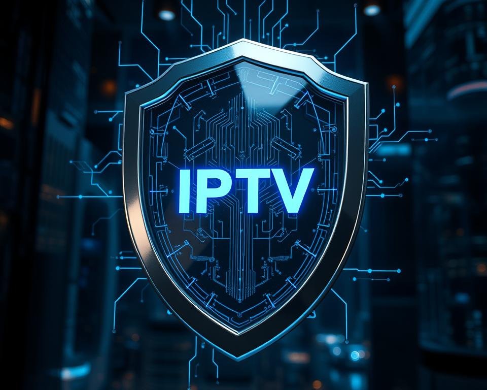 A sleek, high-tech security shield made of gleaming metal and glass, emblazoned with the IPTV logo. The shield hovers in a dimly lit, futuristic setting, casting a soft blue glow. Intricate circuitry and data streams flicker across the surface, conveying the advanced, impenetrable nature of the security system. The shield is positioned prominently in the foreground, with a backdrop of towering skyscrapers and a futuristic cityscape, suggesting the robust protection it offers for IPTV services. The composition creates a sense of power, security, and technological sophistication.