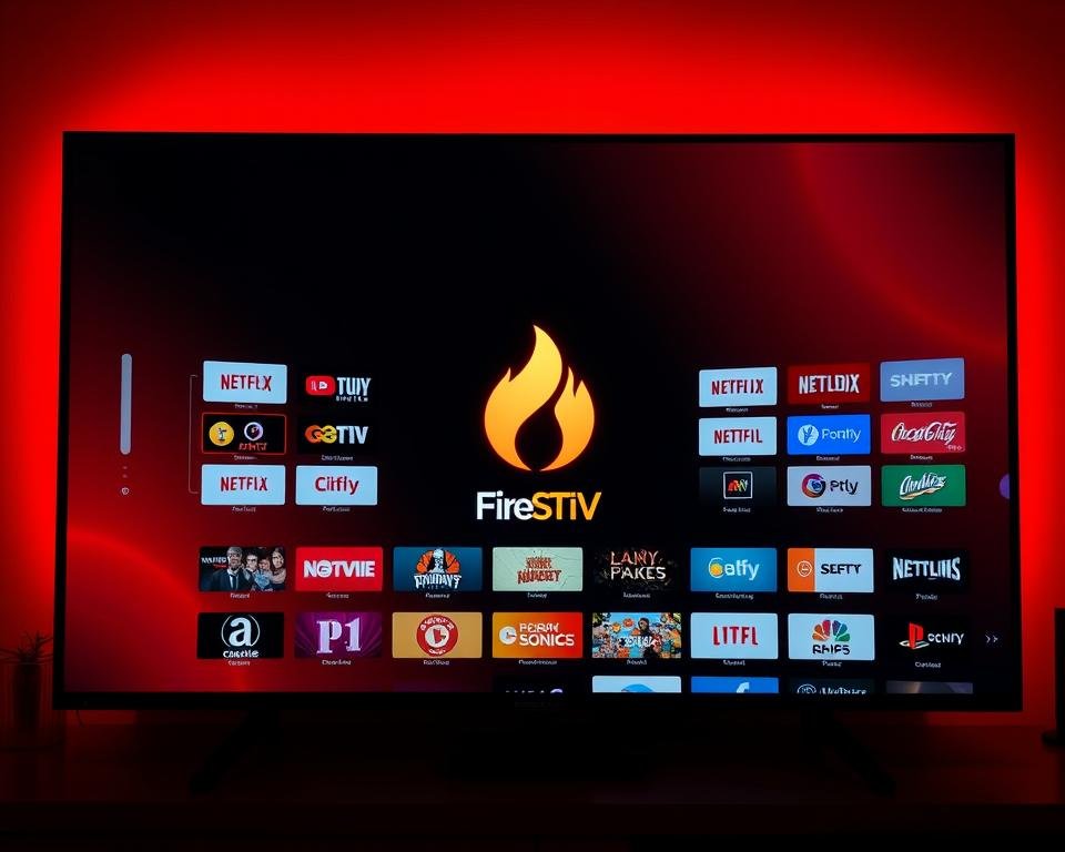 A sleek, modern Firestick IPTV app interface, displayed on a high-definition TV screen. The app's logo, a stylized fire icon, stands prominently in the center, surrounded by a grid of colorful channel icons. The screen is bathed in a warm, orange-red glow, evoking the feeling of a cozy, immersive home entertainment experience. The interface is clean and intuitive, with clear, easy-to-navigate menus and a responsive, seamless user experience. The scene is captured from a slightly elevated angle, providing a cinematic, bird's-eye view of the app in action, showcasing its versatility and the wide range of content available to the user. A sleek, modern Firestick IPTV app interface, displayed on a high-definition TV screen. The app's logo, a stylized fire icon, stands prominently in the center, surrounded by a grid of colorful channel icons. The screen is bathed in a warm, orange-red glow, evoking the feeling of a cozy, immersive home entertainment experience. The interface is clean and intuitive, with clear, easy-to-navigate menus and a responsive, seamless user experience. The scene is captured from a slightly elevated angle, providing a cinematic, bird's-eye view of the app in action, showcasing its versatility and the wide range of content available to the user.