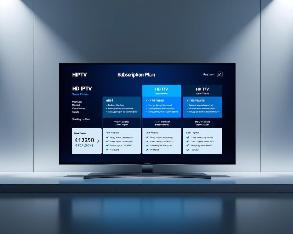 A sleek, modern HDTV display prominently showcasing HD IPTV subscription plans. The screen is set against a minimalist, futuristic backdrop with clean lines and a cool, metallic color scheme. The subscription plans are neatly organized, with clear pricing tiers and feature breakdowns highlighted in a professional, easy-to-navigate interface. Soft, directional lighting illuminates the display, creating depth and dimension. The overall composition conveys a sense of high-end technology, premium entertainment, and seamless user experience. A sleek, modern HDTV display prominently showcasing HD IPTV subscription plans. The screen is set against a minimalist, futuristic backdrop with clean lines and a cool, metallic color scheme. The subscription plans are neatly organized, with clear pricing tiers and feature breakdowns highlighted in a professional, easy-to-navigate interface. Soft, directional lighting illuminates the display, creating depth and dimension. The overall composition conveys a sense of high-end technology, premium entertainment, and seamless user experience.