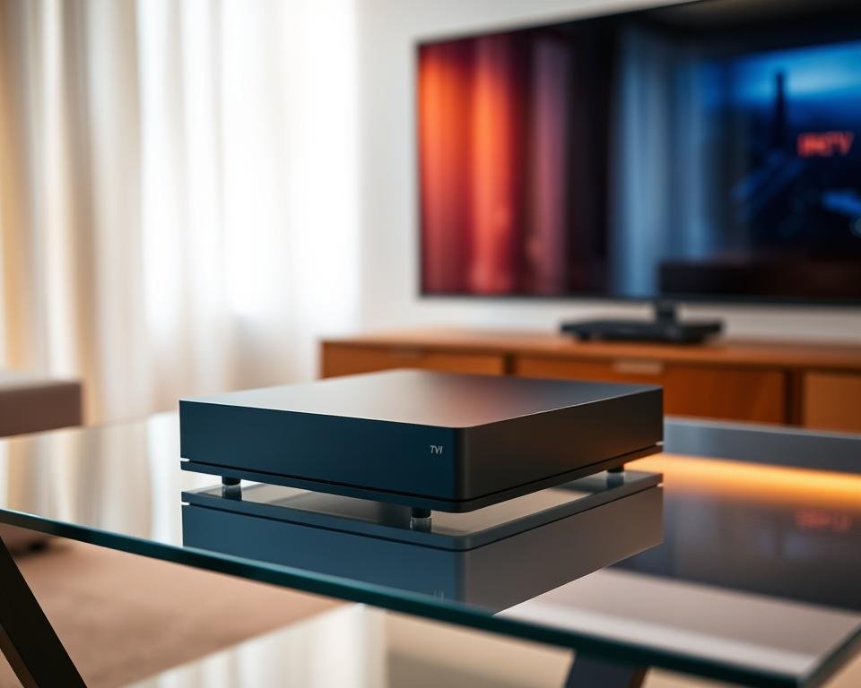 A sleek, modern IPTV box rests on a minimalist glass-topped table, its clean lines and sharp edges contrasting with the soft, diffuse lighting that illuminates the room. The box's matte black exterior reflects the warm, ambient glow, creating a sense of sophistication and technological prowess. In the background, a large, high-definition television screen displays a vibrant, crystal-clear image, showcasing the superior visual quality of IPTV. The scene exudes a sense of contemporary elegance, hinting at the advanced capabilities and seamless user experience that IPTV can provide, elevating the traditional television viewing experience. A sleek, modern IPTV box rests on a minimalist glass-topped table, its clean lines and sharp edges contrasting with the soft, diffuse lighting that illuminates the room. The box's matte black exterior reflects the warm, ambient glow, creating a sense of sophistication and technological prowess. In the background, a large, high-definition television screen displays a vibrant, crystal-clear image, showcasing the superior visual quality of IPTV. The scene exudes a sense of contemporary elegance, hinting at the advanced capabilities and seamless user experience that IPTV can provide, elevating the traditional television viewing experience.