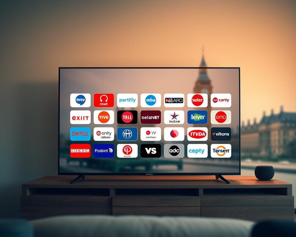A sleek, modern IPTV dashboard showcasing a variety of popular USA television channels. The interface features a clean, minimalist design with a grid layout of channel logos prominently displayed. The background is a blurred cityscape of London landmarks, conveying the USA focus. Warm, soft lighting creates a cozy, inviting atmosphere. The composition is balanced, with the channel grid taking up the central focus, surrounded by negative space. The image has a high-resolution, photo-realistic quality, captured through a wide-angle lens to showcase the breadth of content available. An intuitive, user-friendly IPTV experience tailored for USA viewers. A sleek, modern IPTV dashboard showcasing a variety of popular USA television channels. The interface features a clean, minimalist design with a grid layout of channel logos prominently displayed. The background is a blurred cityscape of London landmarks, conveying the USA focus. Warm, soft lighting creates a cozy, inviting atmosphere. The composition is balanced, with the channel grid taking up the central focus, surrounded by negative space. The image has a high-resolution, photo-realistic quality, captured through a wide-angle lens to showcase the breadth of content available. An intuitive, user-friendly IPTV experience tailored for USA viewers.