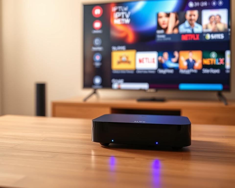 A sleek, modern IPTV device sits prominently on a minimalist wooden table, its LED indicator lights glowing softly. In the background, a large smart TV displays a vibrant, high-definition interface showcasing a selection of IPTV channels and services available for a free trial in the USA. The environment is bathed in warm, diffused lighting, creating a welcoming and inviting atmosphere. The overall scene conveys the simplicity and accessibility of unlocking IPTV entertainment with a free trial account in the United States.