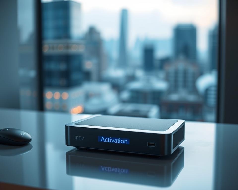 A sleek, modern IPTV device sitting on a clean, minimalist desk, bathed in soft, diffused lighting. The device's interface showcases a vibrant, intuitive menu system with a clear "Activation" option, hinting at the ease of setup and access to instant IPTV content in the USA. The background features a blurred cityscape, suggesting the global connectivity and convenience of IPTV technology. The overall scene conveys a sense of efficiency, simplicity, and the power of on-demand entertainment at one's fingertips. A sleek, modern IPTV device sitting on a clean, minimalist desk, bathed in soft, diffused lighting. The device's interface showcases a vibrant, intuitive menu system with a clear "Activation" option, hinting at the ease of setup and access to instant IPTV content in the USA. The background features a blurred cityscape, suggesting the global connectivity and convenience of IPTV technology. The overall scene conveys a sense of efficiency, simplicity, and the power of on-demand entertainment at one's fingertips.