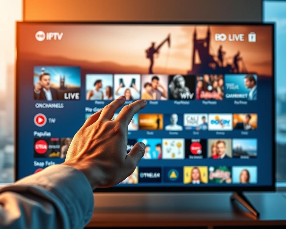 A sleek, modern IPTV interface displayed on a large TV screen, showcasing a curated selection of popular live TV channels and on-demand content. The interface features a clean, minimalist design with intuitive navigation menus and high-resolution thumbnails. The screen is illuminated by warm, natural lighting, creating a cozy and inviting atmosphere. In the foreground, a user's hand is elegantly interacting with the interface, highlighting the seamless and reliable user experience. The background features a blurred cityscape, hinting at the global reach and accessibility of the IPTV service. The overall scene conveys a sense of professionalism, quality, and the ability to provide a superior streaming experience.