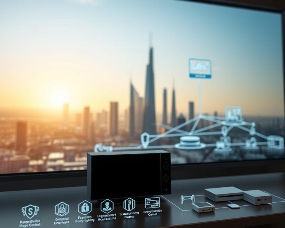 A sleek, modern IPTV security solution system with a clean, minimalist interface. The foreground features various icons and visual elements representing security protocols, encryption, and access control. The middle ground showcases a network diagram with interconnected devices, servers, and cloud-based infrastructure. The background depicts a subtle, futuristic cityscape with tall, angular buildings and a glowing skyline, conveying a sense of technological sophistication. The lighting is crisp and evenly distributed, highlighting the system's advanced features. The camera angle is slightly elevated, providing a comprehensive overview of the IPTV security solution's technical specifications and requirements.