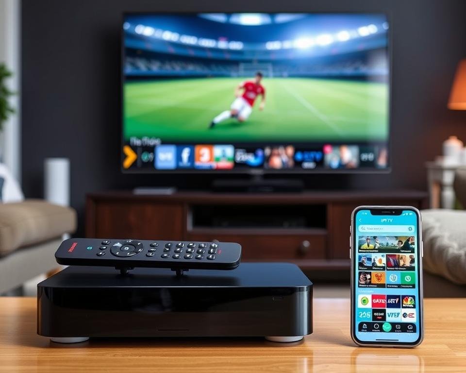 A sleek, modern IPTV setup for sports viewing in the USA. In the foreground, a high-end streaming device with a minimalist remote control lies atop a dark wooden entertainment center. Behind it, a state-of-the-art 4K smart TV displays a live soccer match, the image crisp and vibrant. The middle ground features a smartphone displaying the IPTV app interface, showcasing a diverse lineup of sports channels. In the background, a cozy living room setting with plush seating and subtle ambient lighting creates a comfortable, immersive viewing experience. The overall scene conveys a sense of premium quality, convenience, and affordability for sports enthusiasts in the USA. A sleek, modern IPTV setup for sports viewing in the USA. In the foreground, a high-end streaming device with a minimalist remote control lies atop a dark wooden entertainment center. Behind it, a state-of-the-art 4K smart TV displays a live soccer match, the image crisp and vibrant. The middle ground features a smartphone displaying the IPTV app interface, showcasing a diverse lineup of sports channels. In the background, a cozy living room setting with plush seating and subtle ambient lighting creates a comfortable, immersive viewing experience. The overall scene conveys a sense of premium quality, convenience, and affordability for sports enthusiasts in the USA.