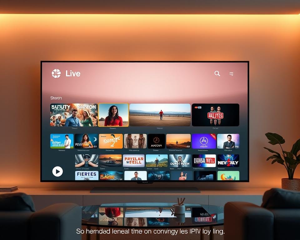 A sleek, modern IPTV user interface with a clean, minimalist design. The main screen features a grid of thumbnails showcasing a variety of live TV channels and on-demand content, presented with sharp, high-definition visuals. The interface is bathed in a warm, inviting lighting, creating a cozy, living room-like atmosphere. The layout is intuitive and user-friendly, with clear categorization and simple navigation controls, allowing the viewer to effortlessly browse and select their desired programming. Subtle gradients and soft shadows add depth and dimension to the design, while a muted color palette of grays, blues, and whites exudes a sense of sophistication and elegance. A sleek, modern IPTV user interface with a clean, minimalist design. The main screen features a grid of thumbnails showcasing a variety of live TV channels and on-demand content, presented with sharp, high-definition visuals. The interface is bathed in a warm, inviting lighting, creating a cozy, living room-like atmosphere. The layout is intuitive and user-friendly, with clear categorization and simple navigation controls, allowing the viewer to effortlessly browse and select their desired programming. Subtle gradients and soft shadows add depth and dimension to the design, while a muted color palette of grays, blues, and whites exudes a sense of sophistication and elegance.
