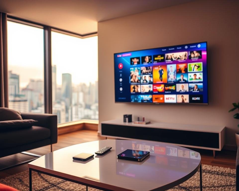 A sleek, modern apartment interior with a large flat-screen TV mounted on the wall. The TV is displaying a vibrant and immersive live TV interface, showcasing a diverse array of channels and on-demand content. Warm, diffused lighting illuminates the scene, creating a cozy and inviting atmosphere. In the foreground, a chic, minimalist coffee table with a remote control and a smartphone, symbolizing the convenience of affordable IPTV streaming in the USA. The background features a large window overlooking a bustling city skyline, hinting at the wide accessibility and connectivity of this home entertainment solution. A sleek, modern apartment interior with a large flat-screen TV mounted on the wall. The TV is displaying a vibrant and immersive live TV interface, showcasing a diverse array of channels and on-demand content. Warm, diffused lighting illuminates the scene, creating a cozy and inviting atmosphere. In the foreground, a chic, minimalist coffee table with a remote control and a smartphone, symbolizing the convenience of affordable IPTV streaming in the USA. The background features a large window overlooking a bustling city skyline, hinting at the wide accessibility and connectivity of this home entertainment solution.
