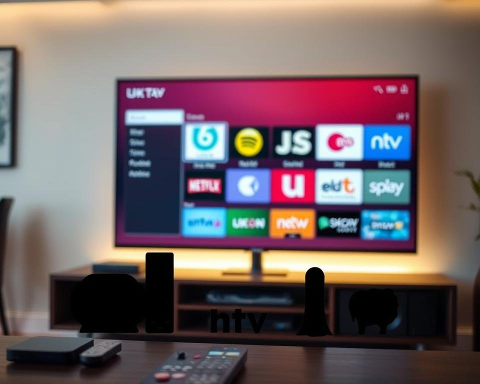 A sleek modern home entertainment system, featuring several US TV streaming service icons prominently displayed on a large flat-screen television. The TV screen is illuminated with a soft, warm glow, creating a cozy and inviting atmosphere. In the foreground, a minimalist entertainment center in dark wood tones houses various streaming devices and remote controls. The middle ground showcases the silhouettes of the streaming service logos, such as My5, UKTV Play, and others, arranged artistically. The background features a blurred, out-of-focus living room setting, with neutral-toned walls and subtle hints of stylish decor, evoking a sense of modern, sophisticated living.