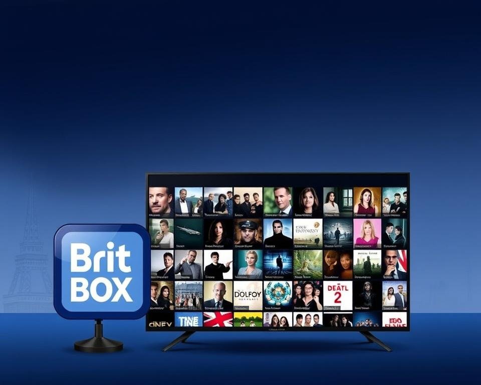 A sleek, modern illustration depicting the BritBox IPTV service for the USA market. In the foreground, a stylized logo or icon representing the BritBox brand, rendered in a bold, visually striking manner. In the middle ground, a grid or mosaic of high-quality thumbnails showcasing a diverse range of American television content available through the platform, including popular dramas, comedies, documentaries, and more. The background features a subtle, minimalist cityscape or skyline, hinting at the broad reach and comprehensive nature of the BritBox USA content library. The overall composition should convey a sense of quality, sophistication, and the breadth of entertainment options available to US viewers through this leading IPTV service.