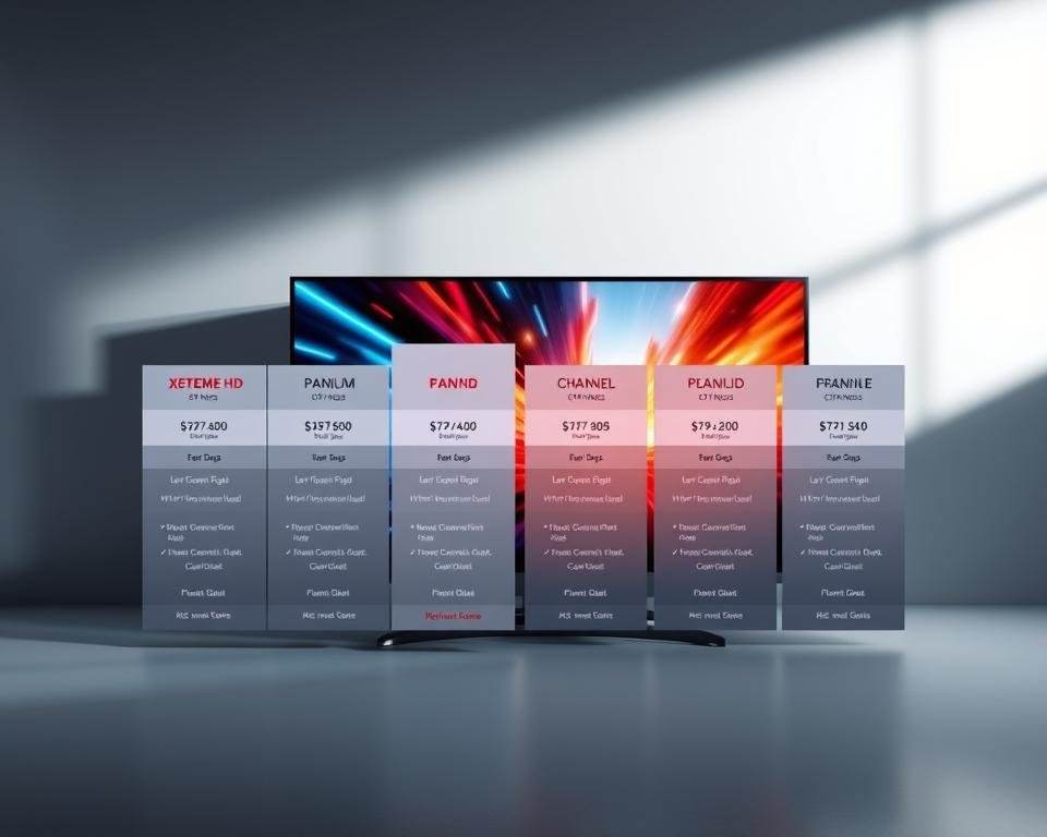 A sleek, modern interface showcasing Xtreme HD IPTV subscription plans on a high-resolution display. The foreground features neatly organized plan options with clear pricing, channel counts, and feature details. The middle ground shows an immersive TV screen displaying vibrant, 4K-quality content, conveying the premium viewing experience. The background is minimalist, with subtle gradients and geometric shapes to create a clean, high-tech aesthetic. Dramatic studio lighting casts dramatic shadows, highlighting the plans' key details. The overall mood is professional, aspirational, and designed to appeal to discerning IPTV subscribers.