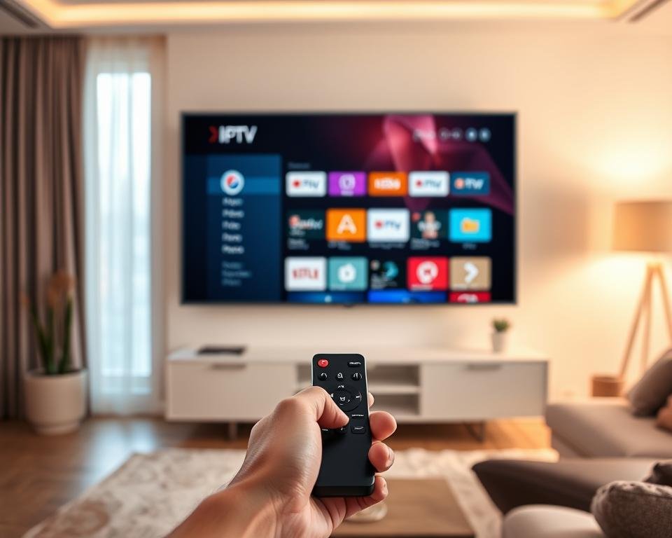 A sleek, modern living room with a large flat-screen TV displaying an IPTV interface. The room is bathed in warm, soft lighting, creating a cozy atmosphere. In the foreground, a person's hands hold a remote control, ready to navigate the IPTV menu. The background features a minimalist, Scandinavian-inspired decor, with clean lines and natural materials. The overall scene conveys the ease and convenience of using an IPTV service in the comfort of one's own home.