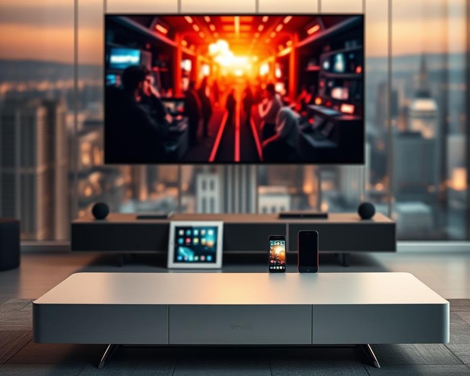 A sleek, modern media console sits in the foreground, its clean lines and minimalist design reflecting the elegant aesthetic of a high-end streaming service. Suspended above it, a large, high-definition display shows a vibrant, cinematic scene, immersing the viewer in a world of captivating entertainment. The middle ground features various streaming-enabled devices, such as a smart TV, a tablet, and a smartphone, each showcasing the seamless integration and accessibility of the service across multiple platforms. In the background, a softly blurred cityscape sets the scene, hinting at the global reach and expansive content library of the streaming platform. The lighting is warm and inviting, creating a cozy, immersive atmosphere that evokes the joy of unlimited entertainment at one's fingertips. A sleek, modern media console sits in the foreground, its clean lines and minimalist design reflecting the elegant aesthetic of a high-end streaming service. Suspended above it, a large, high-definition display shows a vibrant, cinematic scene, immersing the viewer in a world of captivating entertainment. The middle ground features various streaming-enabled devices, such as a smart TV, a tablet, and a smartphone, each showcasing the seamless integration and accessibility of the service across multiple platforms. In the background, a softly blurred cityscape sets the scene, hinting at the global reach and expansive content library of the streaming platform. The lighting is warm and inviting, creating a cozy, immersive atmosphere that evokes the joy of unlimited entertainment at one's fingertips.