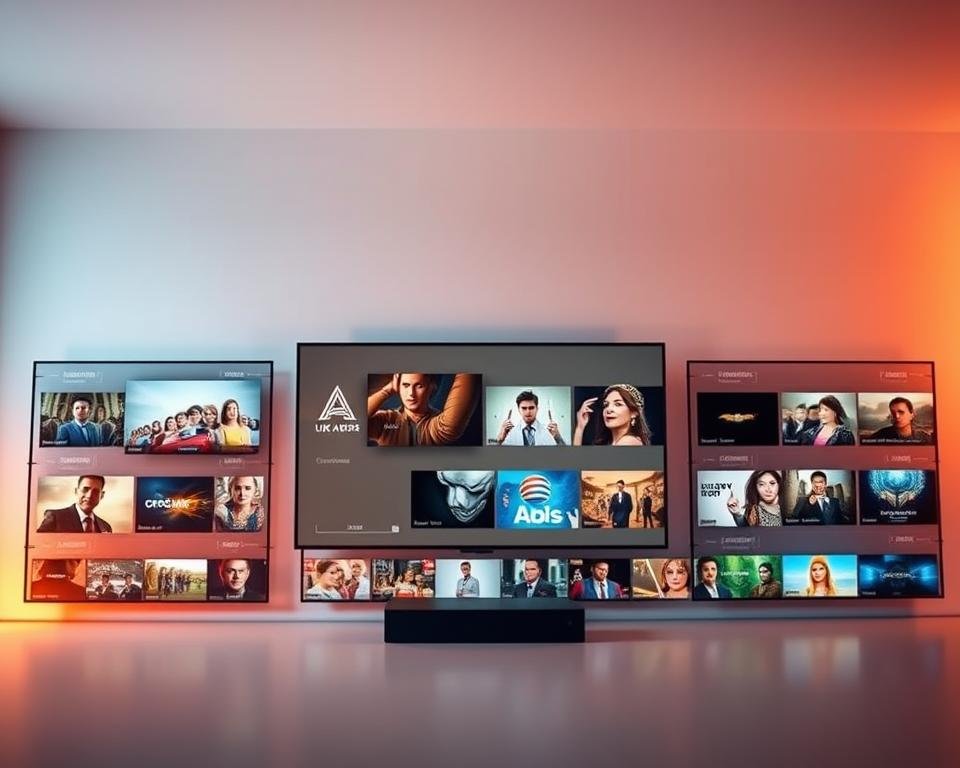 A sleek, modern media library showcasing a diverse selection of USA IPTV content. The foreground features a sophisticated, minimalist display with various video thumbnails and streaming platform icons. The middle ground presents a stylized grid layout, highlighting the breadth and depth of the available content. In the background, a soft, gradient-infused backdrop evokes a sense of quality and exclusivity. Warm, directional lighting illuminates the scene, creating depth and emphasizing the high-definition visuals. The overall composition conveys a sense of curation, accessibility, and the value of USA IPTV services.