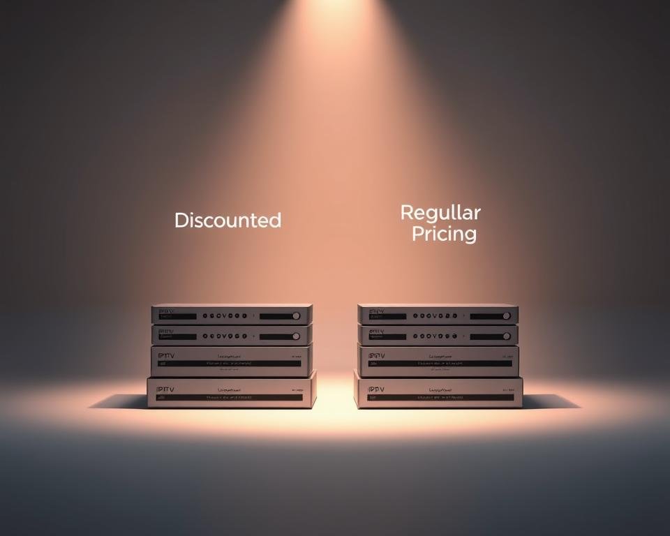 A sleek, modern product comparison display featuring two stacks of IPTV subscription packages - one stack with a "Discounted" label, the other with "Regular Pricing". The discounted stack appears larger, highlighted by a soft, warm spotlight. The regular stack is slightly smaller and dimmer. The background is a clean, minimalist studio setting with a subtle gradient from light to dark, creating depth and a sense of high-end, premium presentation. The overall mood is one of value, savings, and an elevated, sophisticated visual experience. A sleek, modern product comparison display featuring two stacks of IPTV subscription packages - one stack with a "Discounted" label, the other with "Regular Pricing". The discounted stack appears larger, highlighted by a soft, warm spotlight. The regular stack is slightly smaller and dimmer. The background is a clean, minimalist studio setting with a subtle gradient from light to dark, creating depth and a sense of high-end, premium presentation. The overall mood is one of value, savings, and an elevated, sophisticated visual experience.