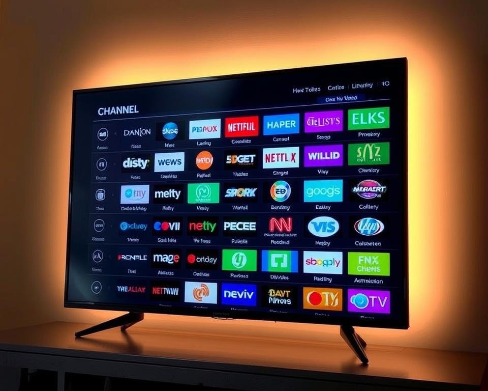 A sleek, modern television screen displaying a detailed channel lineup for Xtreme HD IPTV. The screen is backlit with a warm, cinematic glow, casting a soft light across the array of channel logos and icons. The layout is clean and visually striking, with high-definition channel names and logos arranged in a grid formation, showcasing the breadth and quality of the content library. The scene evokes a sense of anticipation and excitement, inviting the viewer to explore the diverse range of programming available through this premium streaming service. A sleek, modern television screen displaying a detailed channel lineup for Xtreme HD IPTV. The screen is backlit with a warm, cinematic glow, casting a soft light across the array of channel logos and icons. The layout is clean and visually striking, with high-definition channel names and logos arranged in a grid formation, showcasing the breadth and quality of the content library. The scene evokes a sense of anticipation and excitement, inviting the viewer to explore the diverse range of programming available through this premium streaming service.