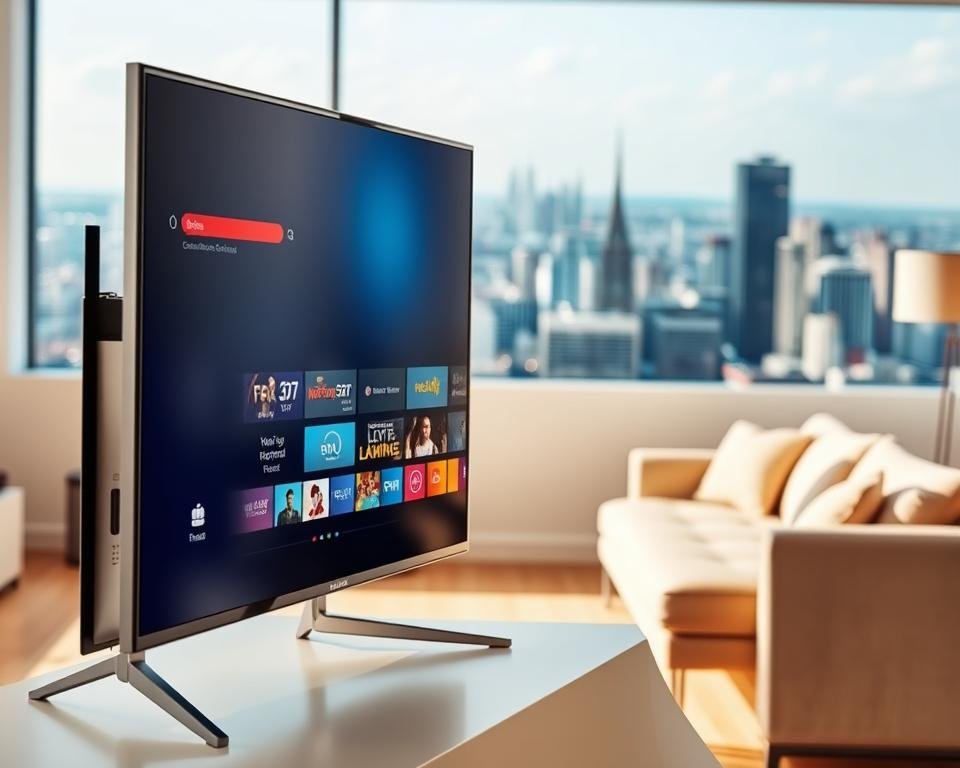 A sleek, modern television screen dominates the foreground, showcasing the user interface of a top IPTV provider in the USA. The screen displays a crisp, high-definition menu with various channels, on-demand content, and feature icons. In the middle ground, a minimalist living room setting provides context, with a comfortable couch and a few subtle decorative elements. The background features a panoramic view of a vibrant, bustling city skyline, hinting at the wide range of content and entertainment available through the IPTV service. The overall scene is lit by warm, natural lighting, creating a welcoming and inviting atmosphere. The composition emphasizes the seamless integration of technology and lifestyle, highlighting the convenience and versatility of the top IPTV provider in the USA. A sleek, modern television screen dominates the foreground, showcasing the user interface of a top IPTV provider in the USA. The screen displays a crisp, high-definition menu with various channels, on-demand content, and feature icons. In the middle ground, a minimalist living room setting provides context, with a comfortable couch and a few subtle decorative elements. The background features a panoramic view of a vibrant, bustling city skyline, hinting at the wide range of content and entertainment available through the IPTV service. The overall scene is lit by warm, natural lighting, creating a welcoming and inviting atmosphere. The composition emphasizes the seamless integration of technology and lifestyle, highlighting the convenience and versatility of the top IPTV provider in the USA.