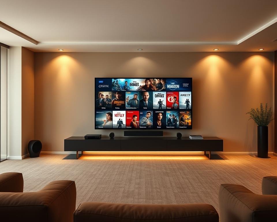 A spacious, modern home media center with a sleek, minimalist design. In the foreground, a large, high-resolution TV screen displays a diverse collection of movie and TV show thumbnails, showcasing the depth and breadth of the IPTV content library. The middle ground features a minimalist, floating entertainment system with clean lines and a dark, brushed metal finish, housing various media components. The background is a warm, softly lit room with neutral-toned walls, creating a cozy, inviting atmosphere for entertainment and relaxation. The lighting is soft and indirect, creating a subtle, cinematic mood. The entire scene conveys a sense of high-quality, premium IPTV services catered to discerning movie and TV enthusiasts. A spacious, modern home media center with a sleek, minimalist design. In the foreground, a large, high-resolution TV screen displays a diverse collection of movie and TV show thumbnails, showcasing the depth and breadth of the IPTV content library. The middle ground features a minimalist, floating entertainment system with clean lines and a dark, brushed metal finish, housing various media components. The background is a warm, softly lit room with neutral-toned walls, creating a cozy, inviting atmosphere for entertainment and relaxation. The lighting is soft and indirect, creating a subtle, cinematic mood. The entire scene conveys a sense of high-quality, premium IPTV services catered to discerning movie and TV enthusiasts.
