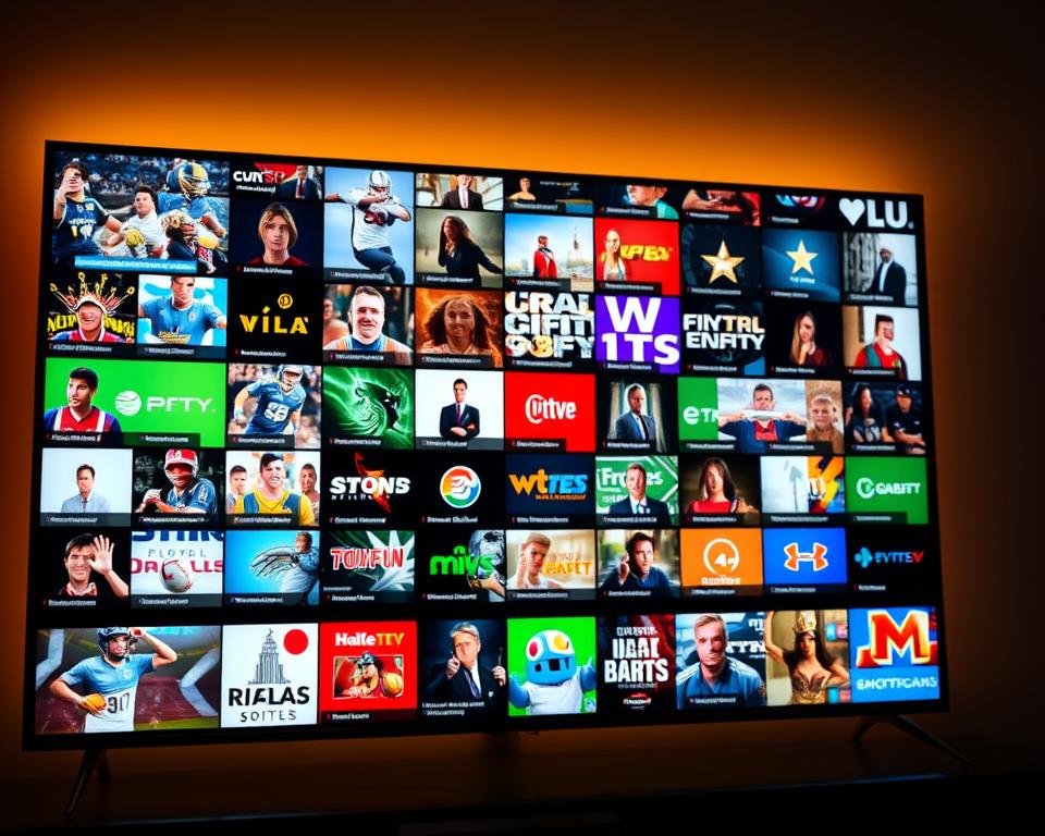 A sprawling array of high-definition IPTV channels on a sleek, modern television screen. Vibrant colors and crystal-clear resolution bring a diverse content library to life, from live sports and news to premium entertainment. The scene is bathed in a warm, cinematic lighting, creating a sense of depth and immersion. The television itself is positioned prominently, its elegant design and minimal bezels framing the captivating visual experience. In the background, subtle UI elements and channel logos subtly hint at the breadth of options available, beckoning the viewer to explore further.