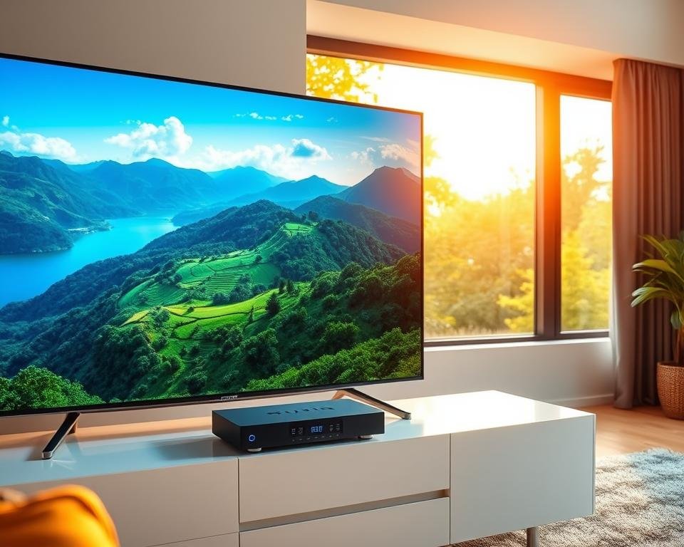 A stunning 4K USA IPTV display showcasing crystal-clear video quality and seamless streaming performance. In the foreground, a sleek smart TV screen showcases a vibrant nature documentary, the lush greens and deep blues of the landscape rendered in exceptional detail. In the middle ground, a high-end streaming device sits atop a minimalist entertainment unit, its elegant design complementing the modern living room setting. The background features a large window, letting in warm, golden sunlight that bathes the scene in a soft, cinematic glow. The overall atmosphere exudes a sense of technological sophistication and immersive entertainment, setting the stage for an unparalleled viewing experience. A stunning 4K USA IPTV display showcasing crystal-clear video quality and seamless streaming performance. In the foreground, a sleek smart TV screen showcases a vibrant nature documentary, the lush greens and deep blues of the landscape rendered in exceptional detail. In the middle ground, a high-end streaming device sits atop a minimalist entertainment unit, its elegant design complementing the modern living room setting. The background features a large window, letting in warm, golden sunlight that bathes the scene in a soft, cinematic glow. The overall atmosphere exudes a sense of technological sophistication and immersive entertainment, setting the stage for an unparalleled viewing experience.