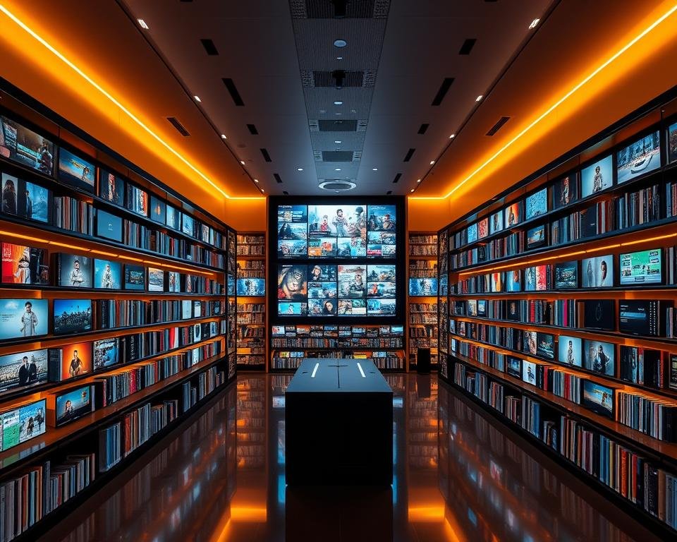 A vast, illuminated media library showcasing an extensive collection of high-definition IPTV content. The foreground features rows of sleek, glossy shelves filled with a diverse array of digital media, while the middle ground displays large, crystal-clear screens showcasing a variety of programming. The background is bathed in a warm, ambient lighting, creating a welcoming and immersive atmosphere. The overall composition conveys a sense of sophistication, technological advancement, and an unparalleled depth of entertainment options available to the viewer.