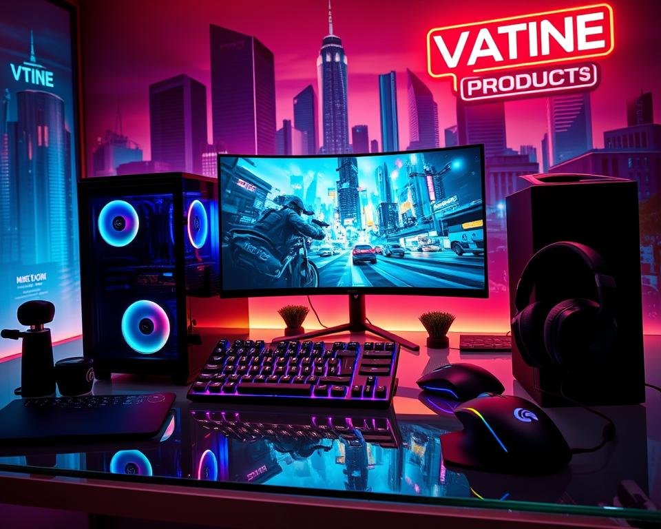 A vibrant and captivating gaming product special promotion scene, featuring a sleek, cutting-edge gaming PC in the foreground, surrounded by a selection of high-performance peripherals like an RGB mechanical keyboard, a precision gaming mouse, and a pair of immersive gaming headphones. The gaming setup is positioned on a minimalist, glass-topped desk, with a warm, diffused lighting illuminating the scene, creating a welcoming and inviting atmosphere. In the middle ground, a large, curved gaming monitor displays an intense action-packed gameplay sequence, drawing the viewer's attention to the immersive gaming experience. The background showcases a stylized, futuristic cityscape, with towering skyscrapers and neon-lit signage, hinting at the advanced technology powering the gaming system. The overall composition conveys a sense of excitement, innovation, and the thrill of the gaming lifestyle.