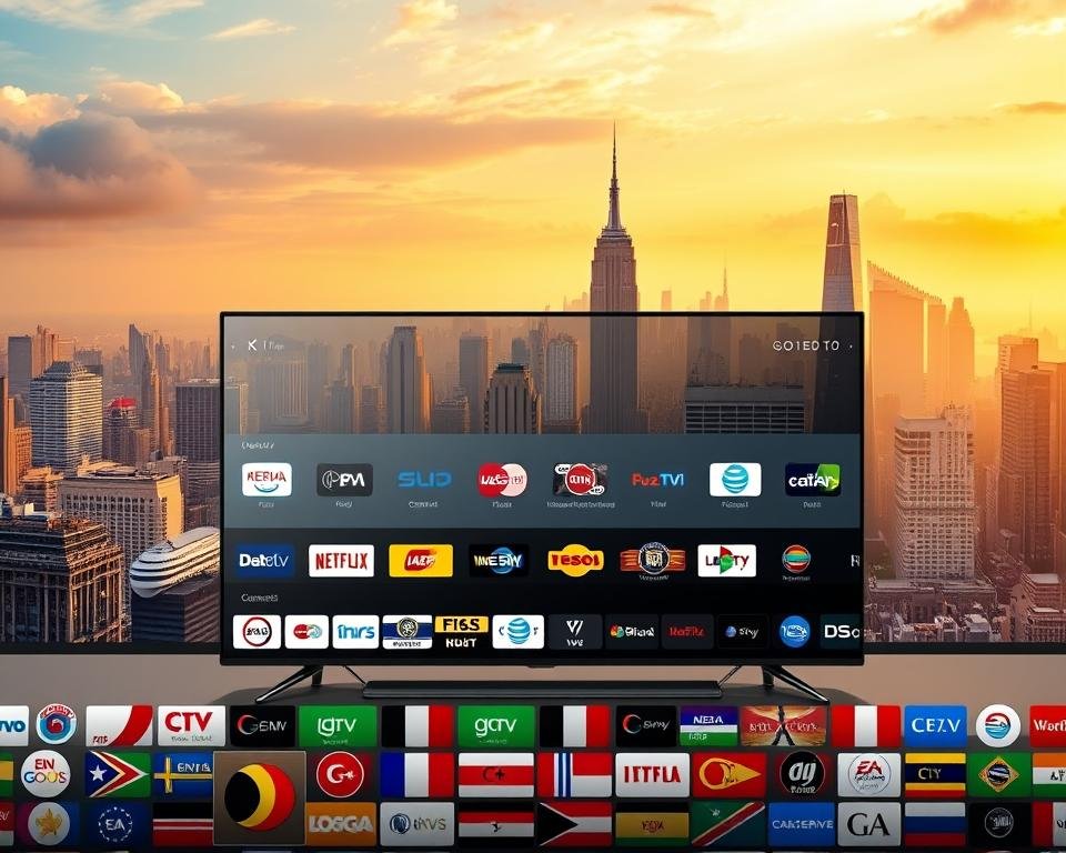 A vibrant and dynamic display of international channels on a sleek, cutting-edge IPTV interface. The foreground showcases a diverse array of channel logos from around the world, each bursting with color and energy. The middle ground features a clean, minimalist platform design with intuitive navigation controls, creating a seamless user experience. In the background, a stunning cityscape of skyscrapers and landmarks from various global destinations, bathed in a warm, golden hue that evokes a sense of connectivity and worldliness. The overall composition conveys the idea of GlobalTV IPTV as a gateway to a vast, interconnected world of entertainment and cultural exploration. A vibrant and dynamic display of international channels on a sleek, cutting-edge IPTV interface. The foreground showcases a diverse array of channel logos from around the world, each bursting with color and energy. The middle ground features a clean, minimalist platform design with intuitive navigation controls, creating a seamless user experience. In the background, a stunning cityscape of skyscrapers and landmarks from various global destinations, bathed in a warm, golden hue that evokes a sense of connectivity and worldliness. The overall composition conveys the idea of GlobalTV IPTV as a gateway to a vast, interconnected world of entertainment and cultural exploration.