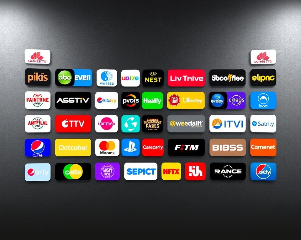 A vibrant and dynamic grid of USA IPTV channel logos, meticulously arranged in a sleek and modern layout. The channels are displayed against a backdrop of a subtly textured, neutral-toned surface, allowing the colorful logos to take center stage. The lighting is soft and even, creating a sense of depth and dimensionality. The camera angle is slightly elevated, giving the viewer a comprehensive overview of the comprehensive channel lineup. The overall composition is balanced and visually appealing, capturing the essence of the diverse range of entertainment options available through USA IPTV.
