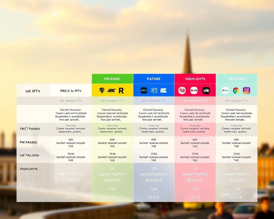 A vibrant and informative grid layout showcasing the various USA IPTV subscription plans. In the foreground, a clean and minimalist table displays the pricing tiers, package details, and feature highlights in a visually appealing manner. The middle ground features icons and graphics that convey the key benefits of each plan, such as 4K streaming, simultaneous device support, and channel selections. The background has a soft, blurred cityscape of London, hinting at the wide range of local and international content available through the IPTV service. The overall scene is bathed in warm, natural lighting, creating a sense of professionalism and trustworthiness. The layout is balanced, the typography is clear and legible, and the color palette is consistent with the brand's visual identity.