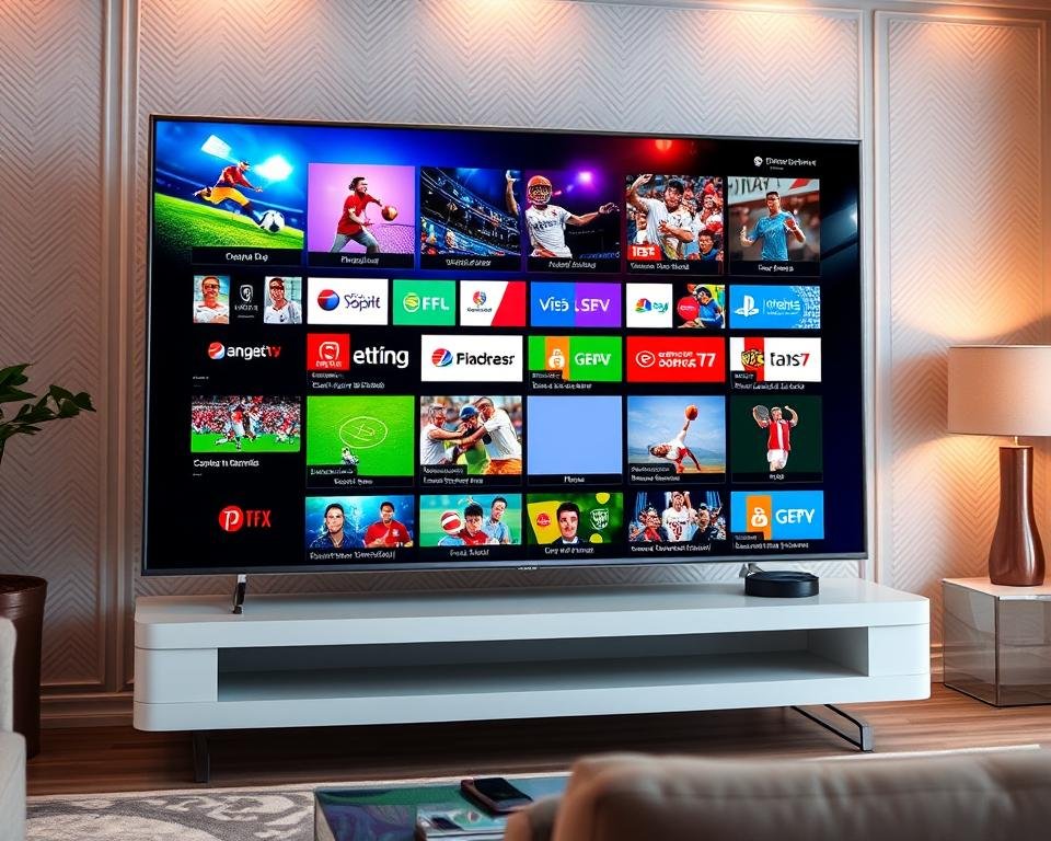 A vibrant and visually engaging image showcasing an array of sports channels on a high-definition television screen. The foreground depicts the screen itself, displaying a diverse selection of live sports events, including football, basketball, tennis, and more, each with its own distinct branding and graphics. The middle ground features a sleek, modern television set with a minimalist design, positioned in a stylish living room setting. The background subtly hints at a cozy and inviting atmosphere, with warm lighting, subtle patterns, and hints of contemporary decor. The overall scene conveys a sense of excitement, anticipation, and the promise of endless entertainment for the viewer.