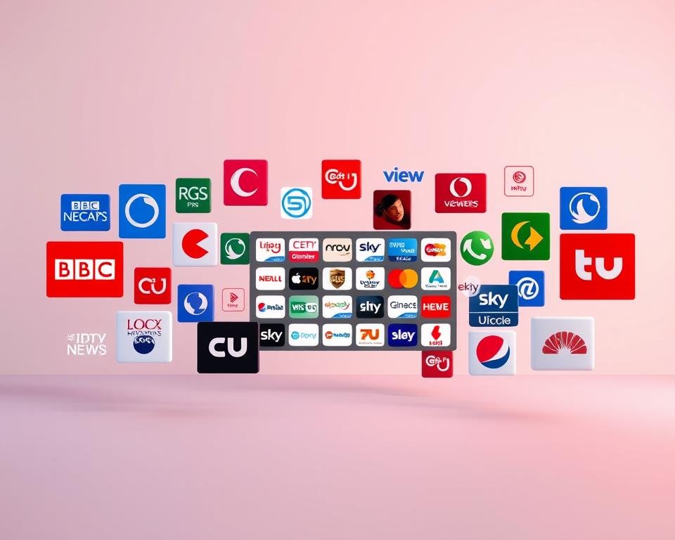 A vibrant array of USA IPTV channel logos float in a sleek, minimalist 3D space. The foreground features a diverse selection of popular channels, including BBC, ITV, Channel 4, and Sky News, each with a distinct and recognizable emblem. The middle ground showcases a grid of additional channel icons, representing the breadth of content available on premium IPTV platforms. In the background, a subtle gradient backdrop adds depth and a sense of high-end digital sophistication. The lighting is soft and diffused, creating a clean, professional aesthetic. The camera angle is slightly elevated, giving the viewer a comprehensive overview of the channel lineup, conveying the comprehensive nature of the premium IPTV offering. A vibrant array of USA IPTV channel logos float in a sleek, minimalist 3D space. The foreground features a diverse selection of popular channels, including BBC, ITV, Channel 4, and Sky News, each with a distinct and recognizable emblem. The middle ground showcases a grid of additional channel icons, representing the breadth of content available on premium IPTV platforms. In the background, a subtle gradient backdrop adds depth and a sense of high-end digital sophistication. The lighting is soft and diffused, creating a clean, professional aesthetic. The camera angle is slightly elevated, giving the viewer a comprehensive overview of the channel lineup, conveying the comprehensive nature of the premium IPTV offering.