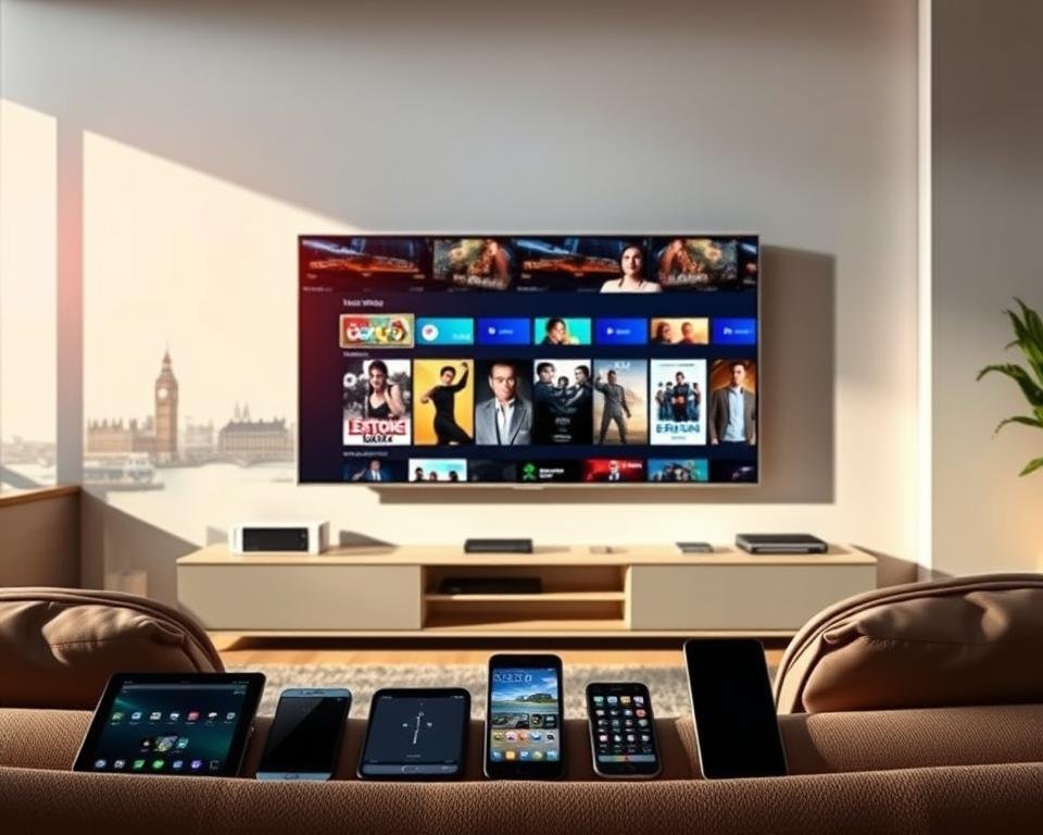 A vibrant, dynamic scene showcasing the allure of free IPTV USA demo services. In the foreground, a sleek, modern television set displays an array of captivating streaming content, inviting viewers to explore the boundless entertainment possibilities. Surrounding the TV, a minimalist living room setting with clean lines and warm, natural lighting creates an inviting ambiance. In the middle ground, a range of smart devices, from smartphones to tablets, hint at the seamless integration of these free IPTV services across multiple platforms. The background features a cityscape of iconic London landmarks, suggesting the accessible, nationwide coverage of these free demo services. The overall atmosphere conveys a sense of freedom, convenience, and limitless entertainment, perfectly capturing the essence of the "Ultimate Guide to Free Demo IPTV USA Services". A vibrant, dynamic scene showcasing the allure of free IPTV USA demo services. In the foreground, a sleek, modern television set displays an array of captivating streaming content, inviting viewers to explore the boundless entertainment possibilities. Surrounding the TV, a minimalist living room setting with clean lines and warm, natural lighting creates an inviting ambiance. In the middle ground, a range of smart devices, from smartphones to tablets, hint at the seamless integration of these free IPTV services across multiple platforms. The background features a cityscape of iconic London landmarks, suggesting the accessible, nationwide coverage of these free demo services. The overall atmosphere conveys a sense of freedom, convenience, and limitless entertainment, perfectly capturing the essence of the "Ultimate Guide to Free Demo IPTV USA Services".