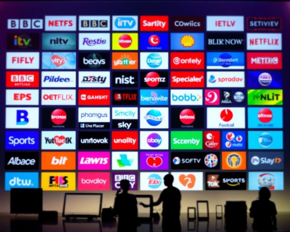 A vibrant grid of high-definition USA television channel logos and icons, presented against a soft, blurred background. The foreground showcases a diverse selection of popular channels, including BBC, ITV, Channel 4, Sky Sports, and other leading entertainment, news, and specialty networks. The middle ground features silhouettes of television sets, tablets, and mobile devices, hinting at the range of devices compatible with the IPTV service. The background is bathed in a warm, inviting glow, suggesting the accessibility and convenience of the IPTV platform. The overall composition conveys the comprehensive channel selection and versatility of the IPTV offering.