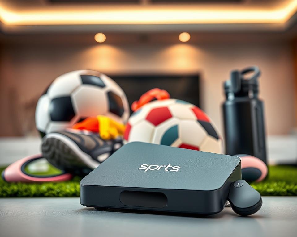 A vibrant, high-definition photograph of a sports subscription service in the USA. In the foreground, a sleek, modern device, such as a streaming box or smart TV remote, prominently displaying the IPTV service's logo and branding. Behind it, a collection of sports-themed items - a soccer ball, a pair of running shoes, and a water bottle - arranged artfully. The background features a clean, minimalist interior design, with neutral-toned walls and subtle lighting, creating a sense of sophistication and professionalism. The overall composition conveys the idea of a premium, high-quality sports entertainment service that caters to the needs of US-based sports enthusiasts. A vibrant, high-definition photograph of a sports subscription service in the USA. In the foreground, a sleek, modern device, such as a streaming box or smart TV remote, prominently displaying the IPTV service's logo and branding. Behind it, a collection of sports-themed items - a soccer ball, a pair of running shoes, and a water bottle - arranged artfully. The background features a clean, minimalist interior design, with neutral-toned walls and subtle lighting, creating a sense of sophistication and professionalism. The overall composition conveys the idea of a premium, high-quality sports entertainment service that caters to the needs of US-based sports enthusiasts.