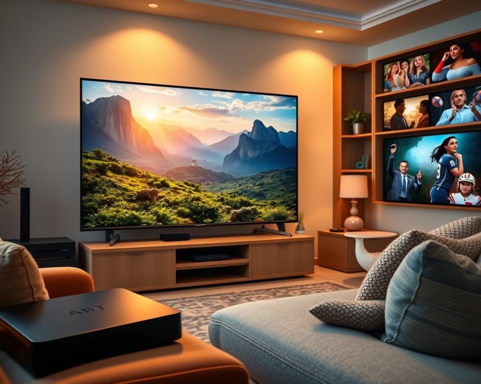 A vibrant, high-definition scene depicting a diverse array of popular IPTV content. In the foreground, a large, flatscreen television displays a captivating nature documentary, its lush landscapes and majestic wildlife rendered in vivid detail. Surrounding the TV, an assortment of streaming devices, including a sleek set-top box and a modern smartphone, suggest the versatility of the IPTV experience. The middle ground features a cozy living room setting, with plush furnishings and warm lighting creating a relaxed, inviting atmosphere. In the background, glimpses of other engaging content, such as a thrilling sports match and a gripping drama series, hint at the breadth of programming available through the IPTV trial. The overall composition conveys the rich, immersive entertainment offered by the IPTV service.