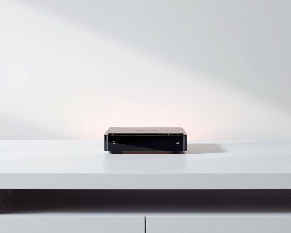 A vibrant, modern-looking IPTV device sitting prominently on a minimalist white table. The device has a sleek, angular design with a glossy black finish, accentuated by clean lines and subtle LED indicators. Soft, directional lighting illuminates the device, creating a sense of depth and highlighting its key features. The background is a simple, neutral gradient that allows the device to take center stage, emphasizing its compatibility and versatility for USA IPTV services. The overall composition conveys a sense of technology, reliability, and seamless connectivity.
