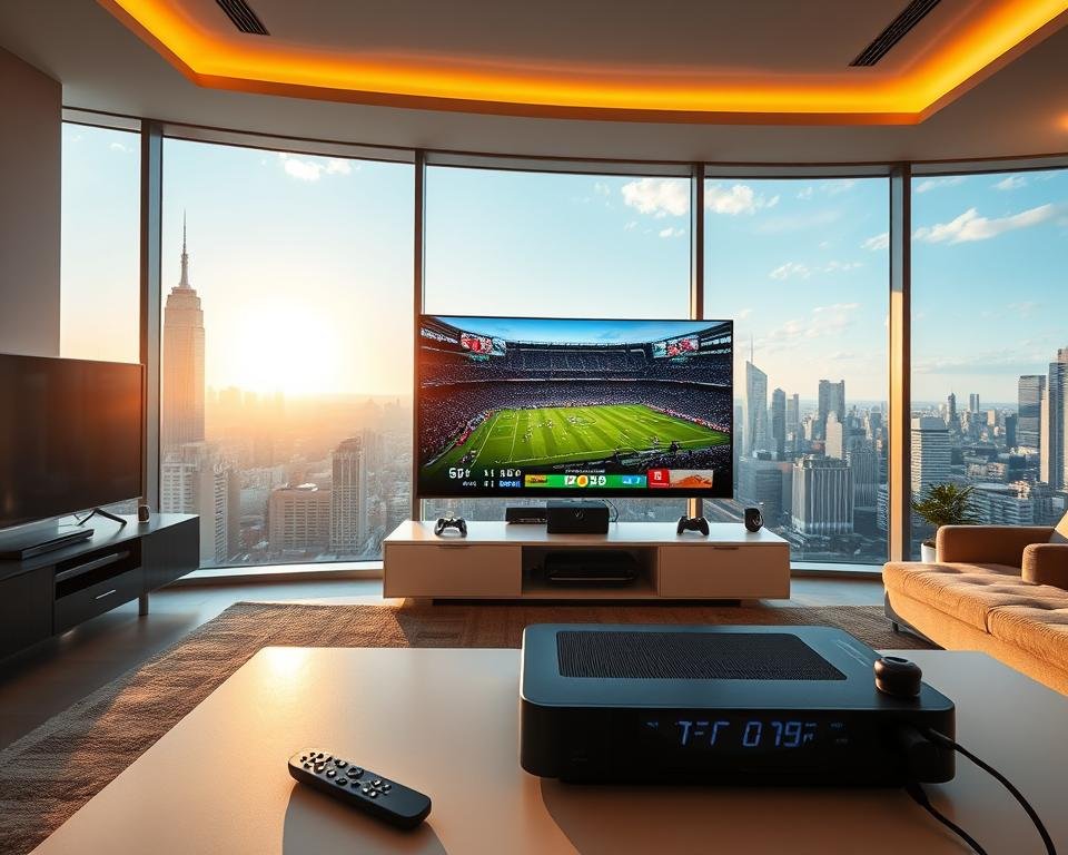 A vibrant sports IPTV setup in a sleek, modern living room. In the foreground, a high-end IPTV streaming device sits atop a minimalist entertainment console, surrounded by remote controls and gaming peripherals. The middle ground features a large, curved 4K OLED TV displaying a live sports broadcast, its screen illuminated by warm, directional lighting. In the background, floor-to-ceiling windows offer a panoramic view of a bustling city skyline, with the sun casting a golden glow over the entire scene. The overall atmosphere conveys a sense of high-tech sophistication and the thrill of live sports entertainment. A vibrant sports IPTV setup in a sleek, modern living room. In the foreground, a high-end IPTV streaming device sits atop a minimalist entertainment console, surrounded by remote controls and gaming peripherals. The middle ground features a large, curved 4K OLED TV displaying a live sports broadcast, its screen illuminated by warm, directional lighting. In the background, floor-to-ceiling windows offer a panoramic view of a bustling city skyline, with the sun casting a golden glow over the entire scene. The overall atmosphere conveys a sense of high-tech sophistication and the thrill of live sports entertainment.