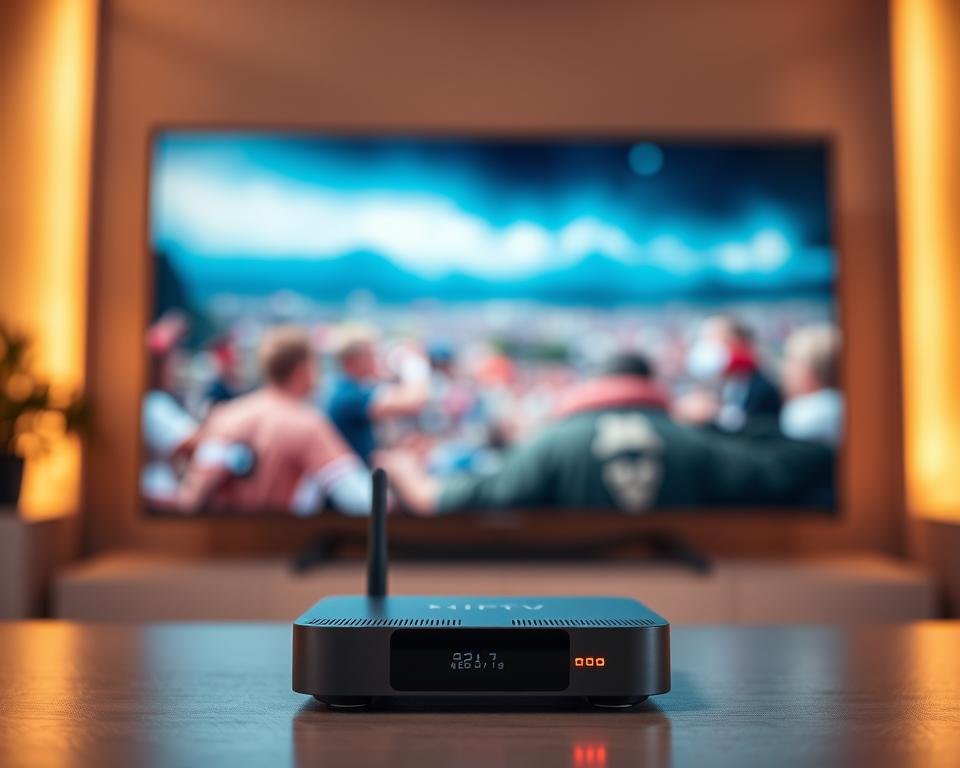 A vibrant, ultra-high-definition IPTV streaming experience. A large, widescreen display showcases smooth, crystal-clear video playback with minimal pixelation or lag. The image is bathed in warm, soft lighting, creating a cozy, cinematic ambiance. In the foreground, a sleek, modern streaming device is prominently featured, its minimalist design and glowing status lights conveying a sense of cutting-edge technology. The background blurs into a hazy, out-of-focus scene, drawing the viewer's attention to the captivating on-screen content. The overall composition radiates a sense of effortless, high-quality entertainment, perfectly capturing the essence of a superior IPTV streaming experience.