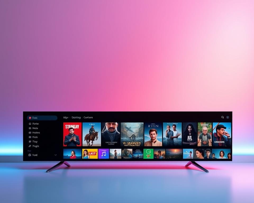 A vibrant, user-friendly streaming services interface set against a sleek, modern backdrop. The foreground features a clean, minimalist design with intuitive navigation menus, showcasing a diverse selection of content categories. The middle ground highlights crisp, high-quality thumbnails of popular movies, shows, and documentaries, inviting the user to explore. In the background, a subtle gradient creates a sense of depth and sophistication, complemented by gentle ambient lighting that sets a welcoming, immersive tone. The overall composition conveys a seamless, responsive, and visually striking digital entertainment experience. A vibrant, user-friendly streaming services interface set against a sleek, modern backdrop. The foreground features a clean, minimalist design with intuitive navigation menus, showcasing a diverse selection of content categories. The middle ground highlights crisp, high-quality thumbnails of popular movies, shows, and documentaries, inviting the user to explore. In the background, a subtle gradient creates a sense of depth and sophistication, complemented by gentle ambient lighting that sets a welcoming, immersive tone. The overall composition conveys a seamless, responsive, and visually striking digital entertainment experience.