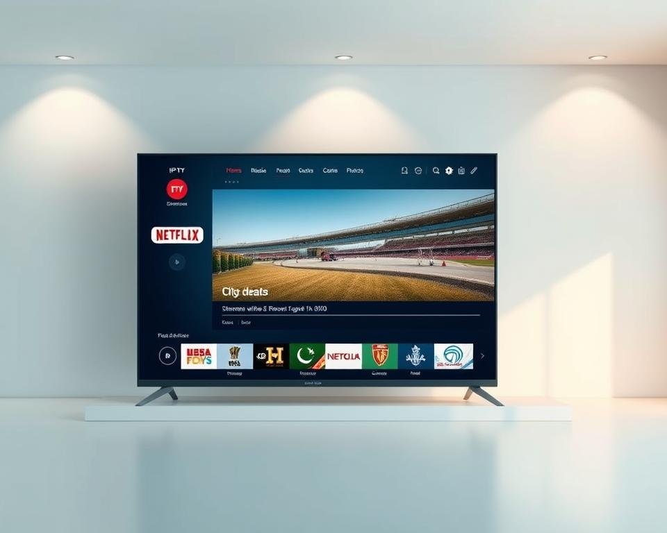 A visually appealing and intuitive IPTV interface set against a modern, minimalist backdrop. The foreground features a clean, responsive dashboard with easy-to-navigate menus, channel listings, and playback controls. The middle ground showcases a large, high-definition video player displaying crisp, seamless streaming content. The background is subtly blurred, maintaining focus on the user experience. Soft, indirect lighting creates a calming ambiance, while the overall design conveys a sense of simplicity, efficiency, and professionalism - an ideal reflection of a top-rated IPTV service in the USA. A visually appealing and intuitive IPTV interface set against a modern, minimalist backdrop. The foreground features a clean, responsive dashboard with easy-to-navigate menus, channel listings, and playback controls. The middle ground showcases a large, high-definition video player displaying crisp, seamless streaming content. The background is subtly blurred, maintaining focus on the user experience. Soft, indirect lighting creates a calming ambiance, while the overall design conveys a sense of simplicity, efficiency, and professionalism - an ideal reflection of a top-rated IPTV service in the USA.