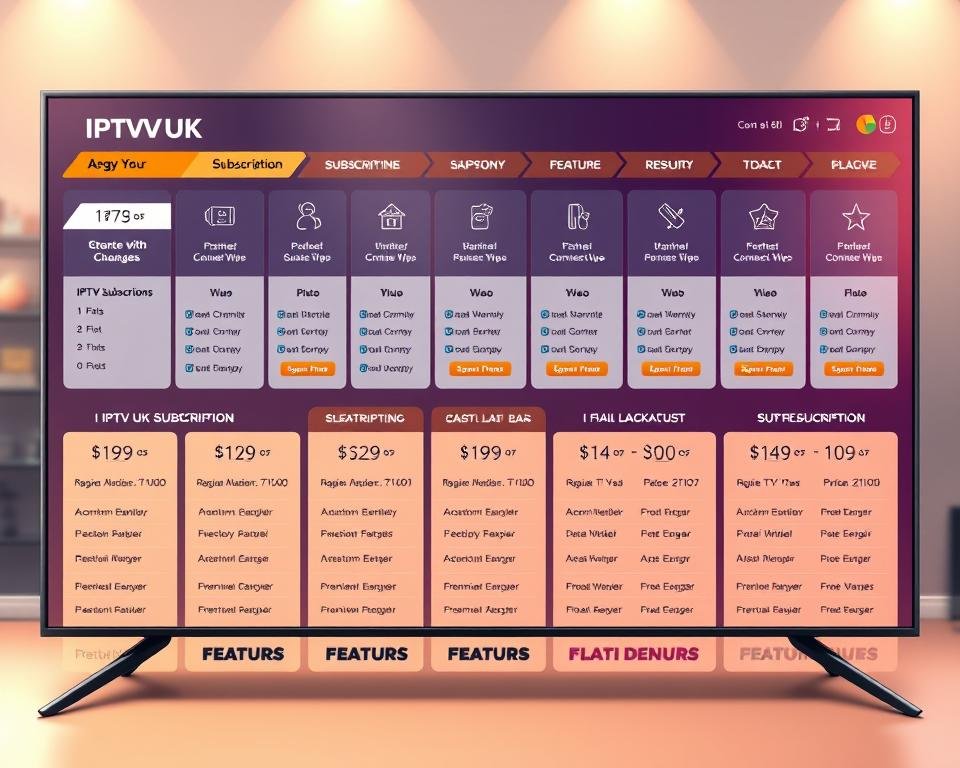 A visually striking digital illustration showcasing the comprehensive IPTV USA subscription packages. Crisp, clean user interface design with a sleek and modern aesthetic. Prominently featured are several subscription tiers and plan options, each with clear pricing, channel lineups, and feature details. The composition uses a balanced, grid-like layout to convey the breadth of offerings in an organized manner. Subtle use of brand colors and minimalist iconography enhances the overall professional and trustworthy impression. A warm, indirect lighting creates depth and highlights key information, while a soft, blurred background maintains focus on the central subscription details.