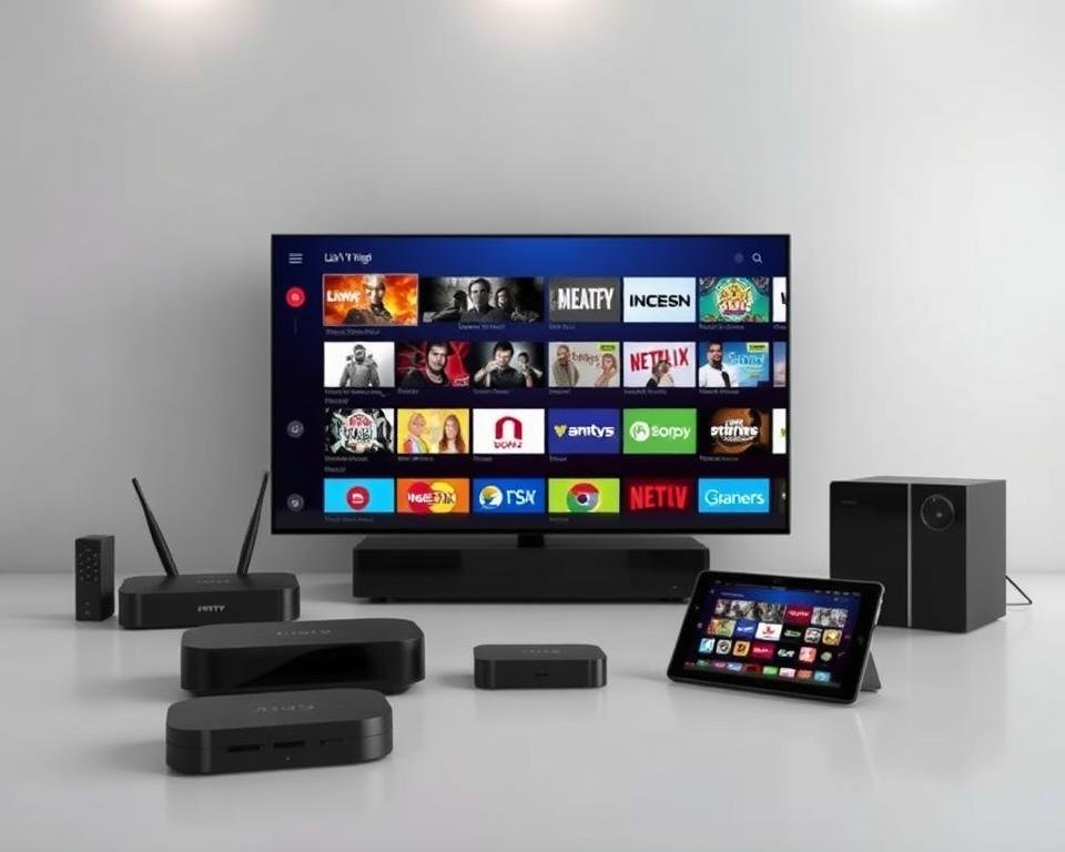 A visually striking image of "USA IPTV Service Highlights" showcasing an array of modern devices against a sleek, minimalist backdrop. In the foreground, a high-end smart TV takes center stage, its screen displaying a vibrant, curated selection of live TV channels and on-demand content. Surrounding it, a neatly arranged collection of devices, including a state-of-the-art streaming box, a powerful router, and a user-friendly remote control, all in a harmonious color palette of blacks, grays, and metallic accents. The middle ground features a tablet or smartphone, showcasing the intuitive user interface and easy access to a vast library of entertainment options. The background is a clean, uncluttered space, with subtle lighting that accentuates the sleek, modern aesthetic and conveys a sense of sophistication and convenience. The overall composition should evoke a feeling of effortless accessibility to a comprehensive, premium IPTV service.
