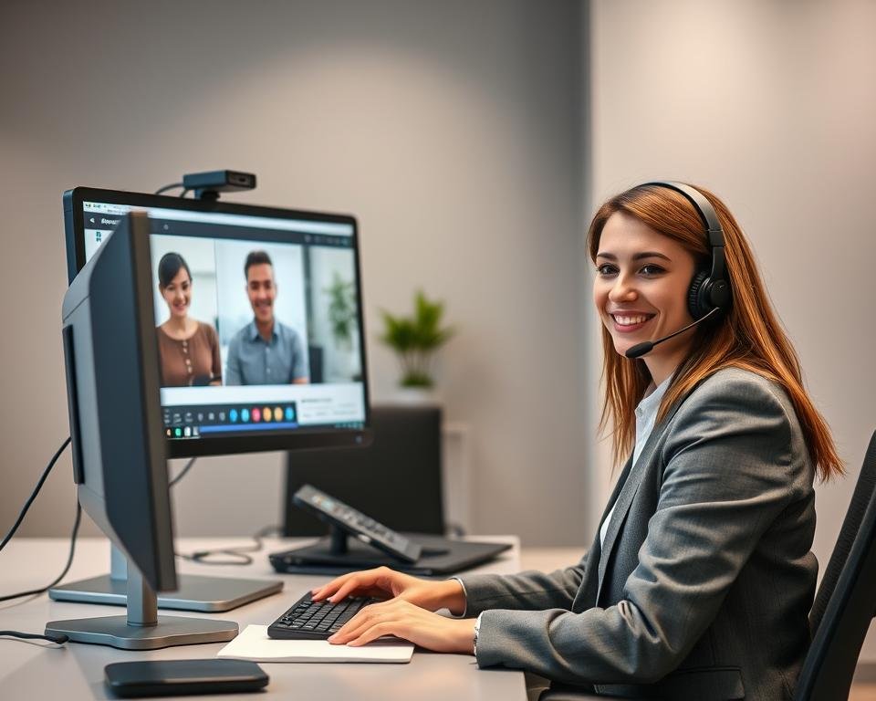 A well-equipped customer support desk with a professional staff member assisting a customer via video chat. The desk features modern technology, including a high-resolution monitor, microphone, and webcam. The staff member has a friendly, attentive expression and is wearing a smart casual outfit. The background is a clean, minimalist office space with muted colors and subtle lighting, creating a calm and efficient atmosphere. The overall scene conveys a sense of reliable, personalized customer service.