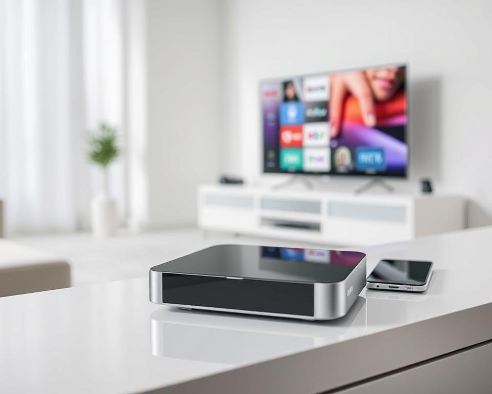 A well-lit, clean-lined interior setting, showcasing an IPTV device prominently displayed on a sleek, minimalist table or shelf. The device should have a modern, high-tech design, with clean edges and a glossy finish. The background should be softly blurred, creating a focus on the device and the connected devices, such as a smart TV, tablet, and smartphone, all seamlessly integrated. The overall atmosphere should convey a sense of effortless connectivity and versatility, reflecting the "multi-platform access" aspect of the section title. A well-lit, clean-lined interior setting, showcasing an IPTV device prominently displayed on a sleek, minimalist table or shelf. The device should have a modern, high-tech design, with clean edges and a glossy finish. The background should be softly blurred, creating a focus on the device and the connected devices, such as a smart TV, tablet, and smartphone, all seamlessly integrated. The overall atmosphere should convey a sense of effortless connectivity and versatility, reflecting the "multi-platform access" aspect of the section title.